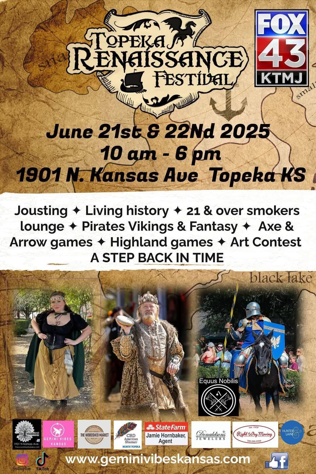 Topeka Renaissance Festival official ad with dates and 3 images of characters in costume