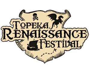 Topeka Renaissance Festival Logo with pirate map feel with dragon, ship, and skull and bones.