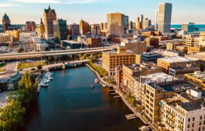 Milwaukee, Wisconsin from above with water and skyscrapers